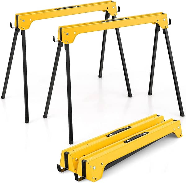 TANGZON Folding Saw Horses Twin Pack, 2PCS Heavy Duty Workbench Metal Trestle Stands with Anti-Slip Top & Handle, Portable Sawhorses Pair, Each Sawhorse Supports Up to 227KG (Yellow)