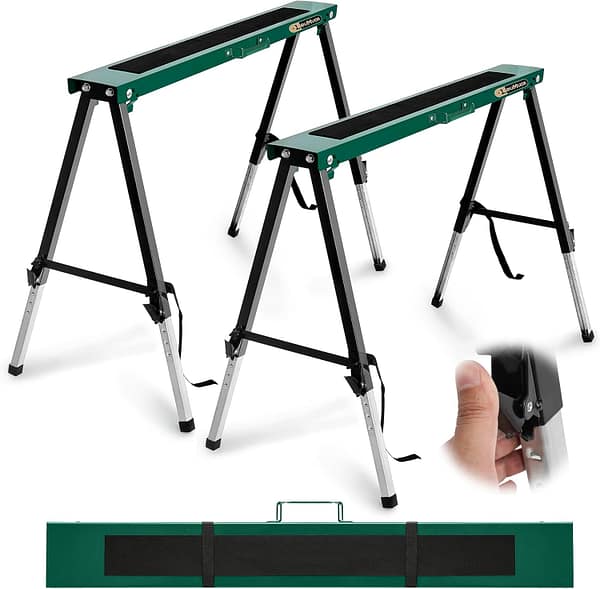 LeuMuas Saw Horses 2 Pack Folding,Portable Hight Adjustable Sawhorses,Fully Assembled,550 lbs Weight Capacity with Fast Open Legs, Double protection Straps,Anti-slip mats. Heavy Duty Steel Sawhorse.