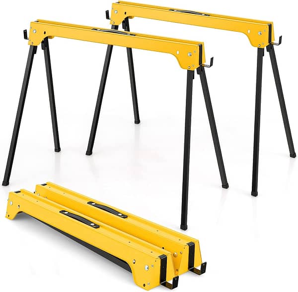 COSTWAY Folding Saw Horse Twin Pack, Heavy Duty Work Bench with Footpads and Convenient Handle, Fully Assembled Metal Trestle Stands Sawhorse for Sawing Work, Max Load 454kg (Yellow)