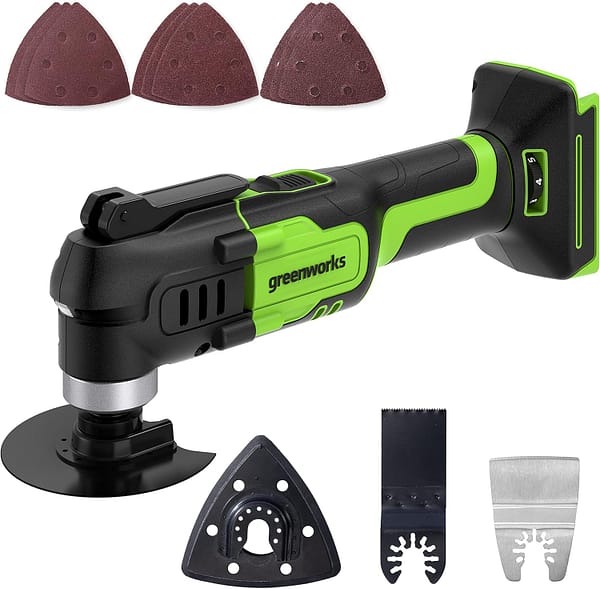 Greenworks G24MT Oscillating Multi Tool Cordless 6 Variable Speed 4-in-1 for Sawing, Grinding, Scraping and Sanding, 5000-18000 opm WITHOUT 24V Battery & Charger
