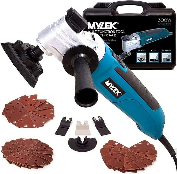 MYLEK Oscillating Multi Tool 300W Oscillating Electric Corded Multi tools 6 Speed, Quick Blade Change - Detail Sander, Multi-Tool Cuts Metal, Plastic, Wood, 48 Piece Accessory Kit - Carry Case
