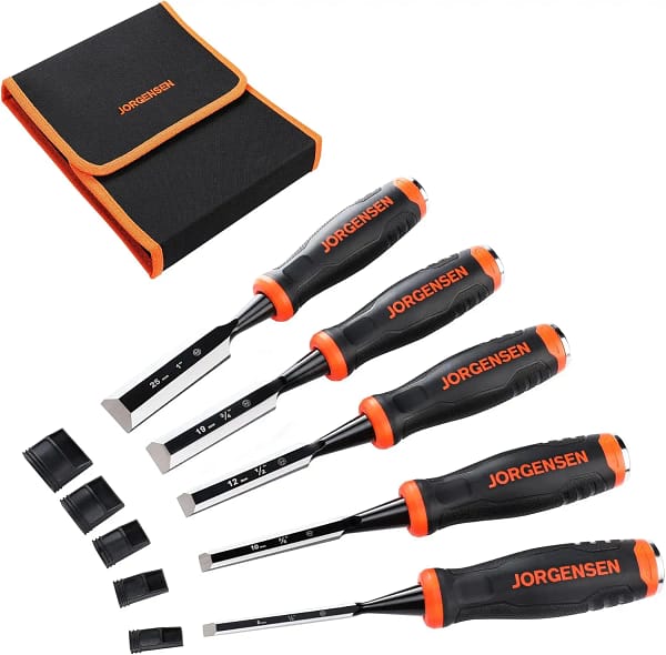 Jorgensen Wood Chisel Set, 5 Pieces Wood Carving Chisels (6mm, 10mm, 12mm, 19mm, 25mm), Cr-V Bevel Edge Chisels with Steel Strike Caps, Professional Woodworking Tools with Storage Bag