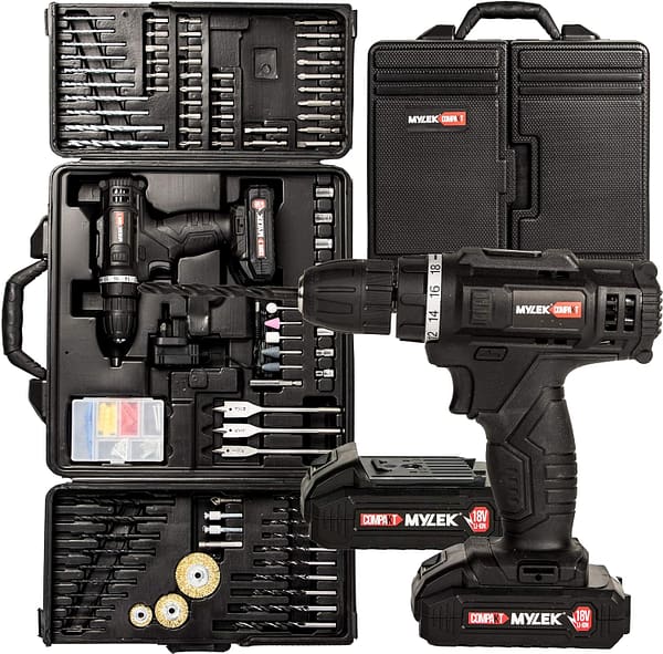 MYLEK MYBMC092 18V Cordless Drill Electric Driver Set, Lithium Ion Battery, 18 Volt Combi Screwdriver Pack, Black, 151 DIY Piece Accessory Kit and Carry Case (18v Drill Kit and Two Batteries)