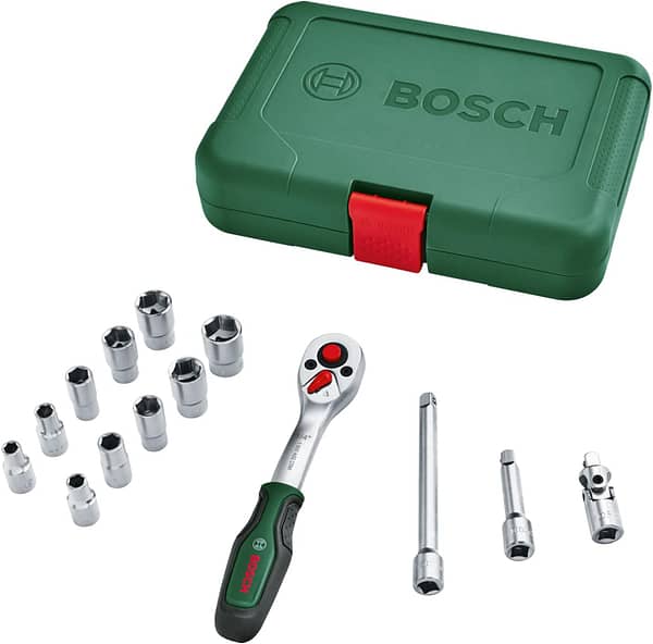 Bosch Ratchets / 1/4 Inches Drive Socket Set 14-Piece (Ideal-Quality, Versatile Drive Socket Set for Multiple DIY Tasks; Ergonomic, Soft Grip Handle; Magnetic Bits Holder)