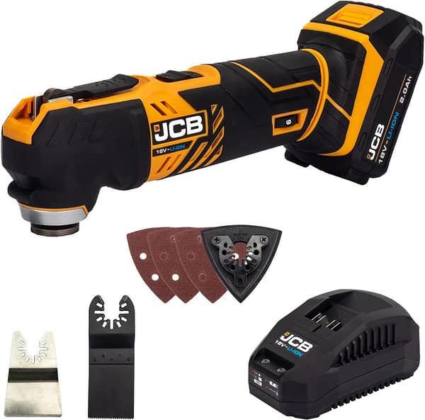 JCB 18V Cordless Multi Tool with 2.0AH Battery, Fast Charger, Anti-Vibration & Tool-Free Blade Changing, Rubber Grip Overmould, 3 Year Warranty