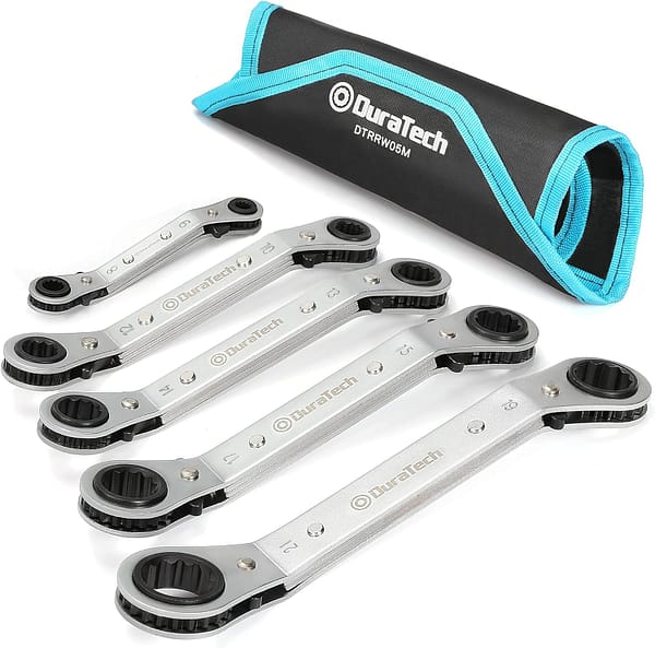 DURATECH Offset Ring Ratchet Spanner Set, Reversible Double Ring Ratchet Spanner Set, 25-Degree Offset Ratchet Box-end Wrench Crooked for Narrow Spaces, 5-Piece, Metric, 6mm-21mm, with Carry Pouch