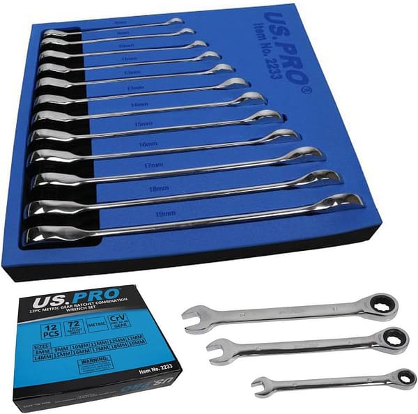 US PRO B2233 Professional Trade Quality 12 Piece Metric Combination Ratchet Spanner Set, 8-19mm