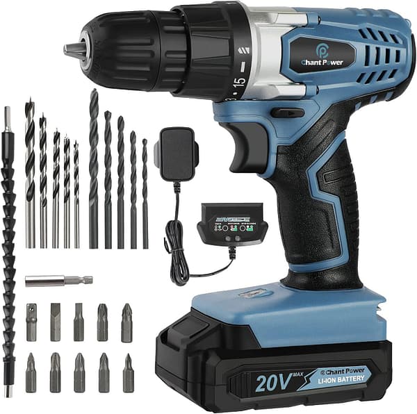 C P CHANTPOWER Cordless Drill Set, 20V Electric Power Drill Driver with Battery and Charger, 10mm Keyless Chuck, Variable Speed, 16 Position and 22pcs Accessoris