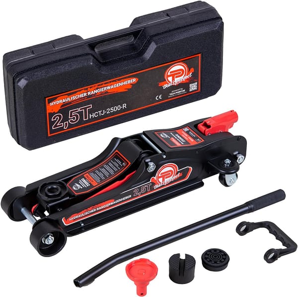 TALK-POINT Hydraulic Trolley Jack 2.5 Tonnes Flat Design 80 mm - 360 mm Low Profile Including Case + SUV Adapter + 2 x Rubber Pad Hydraulic Car Trolley Jack 360° Wheels (Red), HCTJ-2500-R