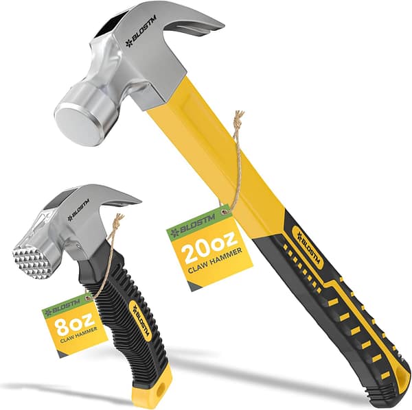 BLOSTM Claw Hammer Set 2pcs - Claw Hammer 20oz & Stubby Hammer 8oz, Solid Forged Steel with Curved Non-Slip TPR Comfort Grip for DIY Projects in Home & Office - SET of 2