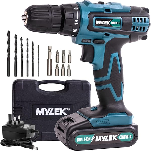 MYLEK MY18BCM1 Cordless Drill 18V, 1300 mAh Li-Ion Driver 28Nm, 1 Hour Quick Charge, 2 Speed, LED Work Light, Carry Case with Accessory Kit, Variable Speed & Quick Stop Function