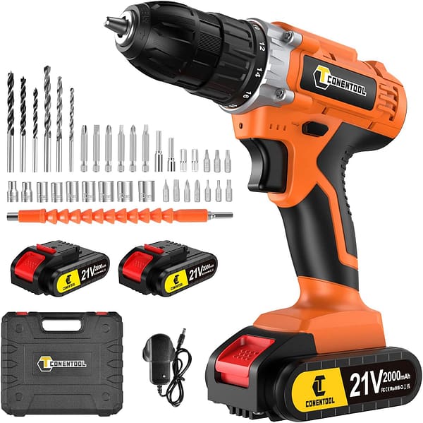 Conentool 21V Cordless Drill with 2 * 2000mAh Batteries, 45N.m Electric Drill, 0-650/0-1850rpm 2 Speed Combi Drills, 25+1 Torque Setting Power Drill, 36pcs Accessories Electric Screwdriver Set, Orange