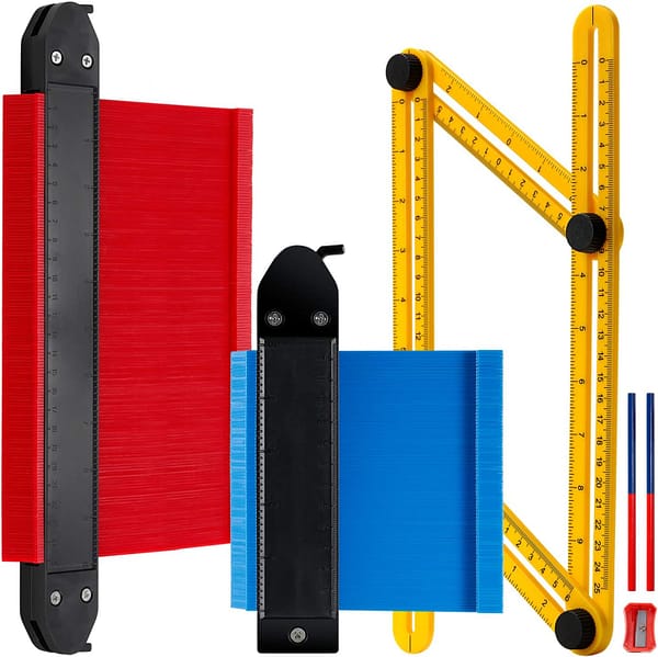 Contour Gauge Duplicator with Lock, Extra Wide Plastic Outline Profile Shape Contour Duplications Gauge Tool 5" & 10", 2 Pack Widen Guage with Angle Layout Measuring Ruler, Pencil, Pencil Sharpener