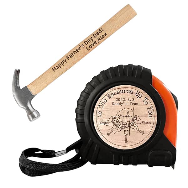 Personalized Tape Measure and Hammer Tool Set for Dad, Custom Engraved Measuring Tape adn Wood Handle Hammer Set, Valentines Father's Day Birthday Gifts for Dad, Husband, Grandpa (Style 4)