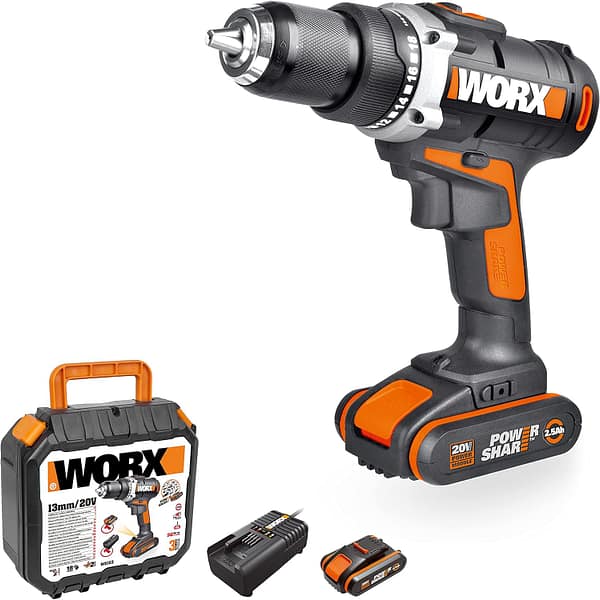 Worx 18V(20V MAX) Cordless Drill Driver WX183.2 Electric Drill, 2-Speed Control, Keyless Chuck, Max. Chuck Capacity 13mm (1/2"),LED Light, PowerShare, 1*2.5Ah Battery, 1*2A Charger, 1*Double Ended Bit