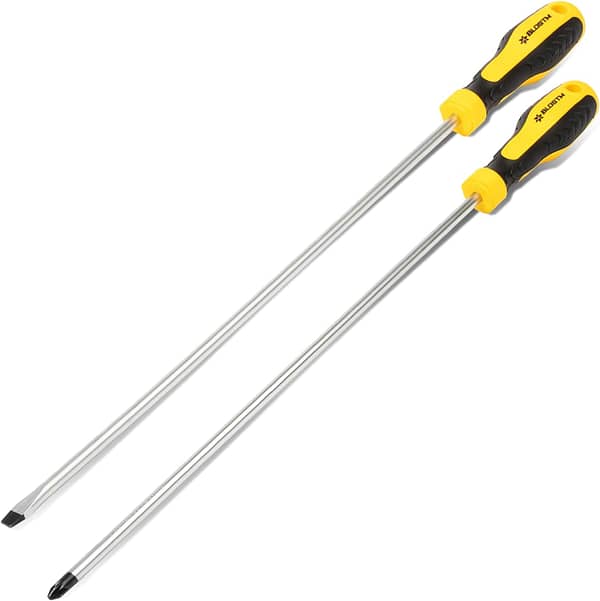 BLOSTM Long Reach Screwdrivers 2 Pack - Long Screwdriver Set includes Pozidrive and Flat Head Screwdrivers Made of Long-Lasting Chrome Vanadium Steel, with Magnetic Tips and Ergonomic Handles - 300mm