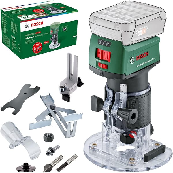 Bosch Home and Garden Cordless Trim Router AdvancedTrimRouter 18V-8 (Without Battery, 18 Volt System, Brushless Motor, Additional Accessories, in Carton Packaging) â€“ Amazon Edition