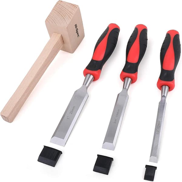 Hi-Spec 4 Piece Mallet & Wood Chisel Set. 1/2", 3/4" & 1" Steel Chisels for Carving Wood, Carpentry, Sculpting, Framing, Woodturning, Furniture, Crafts & Woodwork