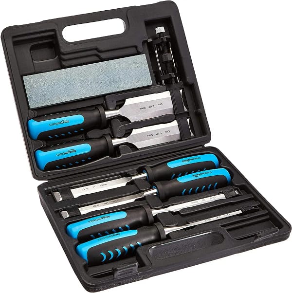 Amazon Basics 8-Piece Woodworking Wood Chisel Set for Carving with Honing Guide, Sharpening Stone and Storage Case, 1/4" - 1-1/2"