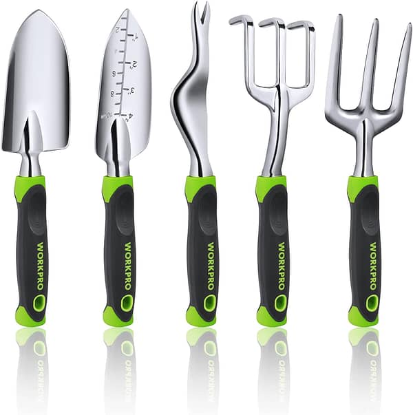 WORKPRO 5 Pcs Gardening Tools Cast Aluminum Garden Set with Fork, Weeder, Claw, Trower, Soil Shovel for Gardener