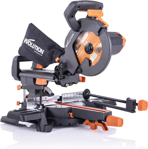 Evolution Power Tools R210SMS+ Sliding Mitre Saw With Multi-Material Cutting, Cuts Wood, Metal, Plastic & More, 45° Bevel, 50° Mitre, 230mm Slide, 1500 W (230 V)