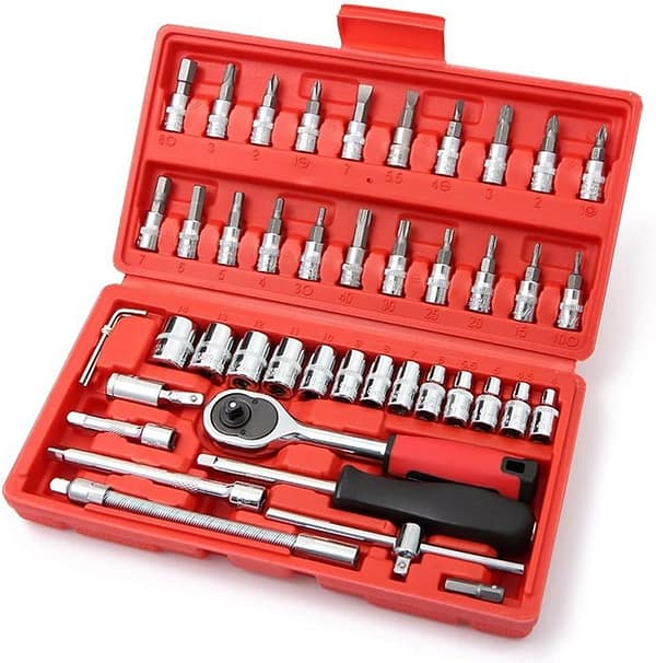 LSLANSOON 46 Pcs 1/4” Drive Socket Ratchet Wrench Set with Storage Case, Includes Metric Bit Socket Set and Extension Bar for Auto Repair and Home Maintenance