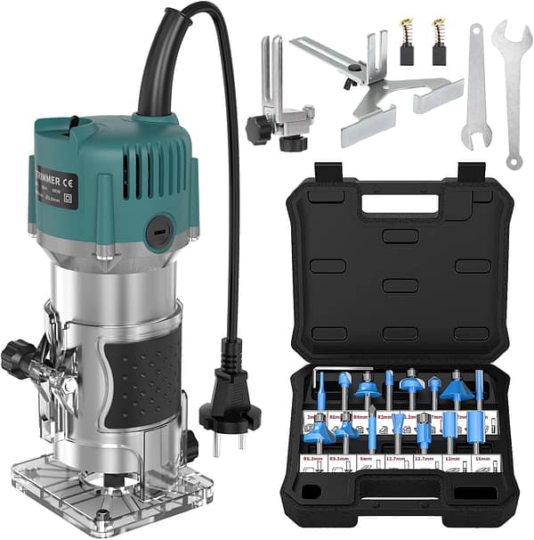 Yofuly Wood Palm Router Tool, 220V 800W Electric Hand Router Trimmer Tool Professional Edge Router for Woodworking with 15 PCS 1/4" (6.35mm) Router Bit Set for DIY Decoration Carving