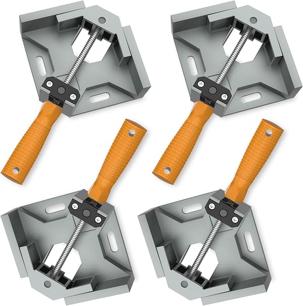 Housolution Right Angle Clamp, 4-Pack Single Handle 90° Aluminum Alloy Corner Clamp for Woodwork, Right Angle Clip Clamp Tool Woodworking Photo Frame Vise Holder with Adjustable Swing Jaw, Silver Gray