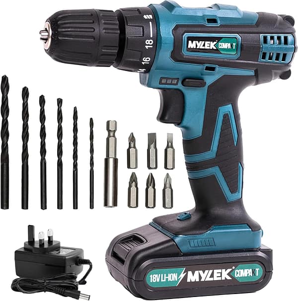MYLEK 18V Cordless Drill - Lithium Ion Drills Driver Screwdriver Set - 13 Piece Combi Accessory Kit - LED Worklight, 18 Volts