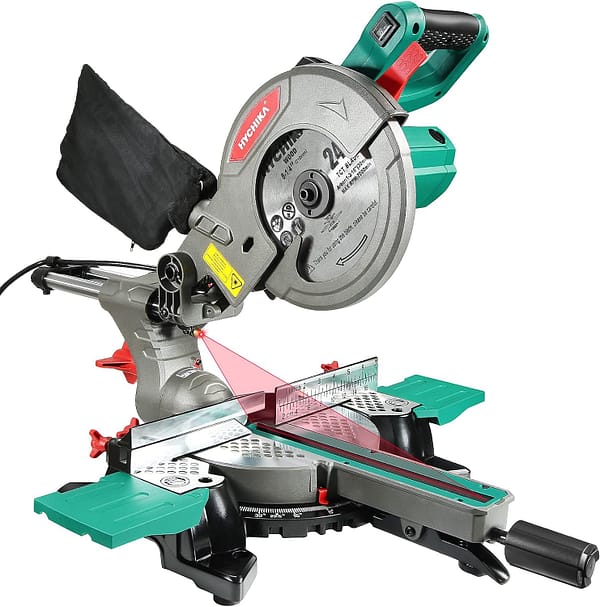 HYCHIKA BETTER TOOLS FOR BETTER LIFE Mitre Saw, 1500W Sliding Compound Mitre Saw, 230mm Slide, 4500RPM with 45° Bevel, with TCT Blade(210mm), Dust Extraction, Max Cutting Depth 0°: 60mm/45°: 35mm