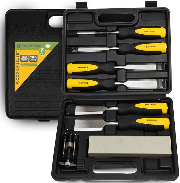 BLOSTM Wood Chisel Set - 8PCS Wood Carving Tools with Sharpening Stone, Honing Guide & Storage Case - Cr-V Steel, Bevel-Edge Chisels for Woodworking with Strike Cap Wood Carving Tools (6mm-38mm)