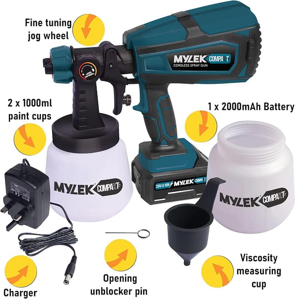 MYLEK Cordless Paint Sprayer Gun Kit 20V - Lightweight - Li-Ion Battery - UK Charger - 2 Paint Cups - Professional Coverage, Sheds, Fences, Furniture, Walls, Ceilings, Decking, Indoor and Outdoor