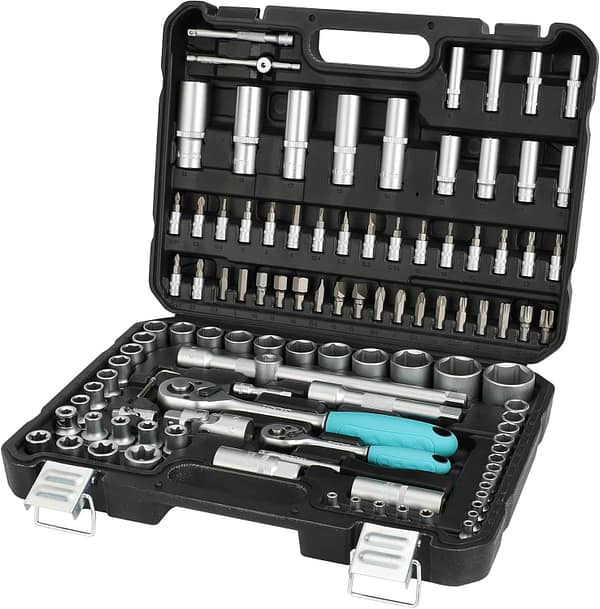 DURATECH Professional Socket Set 108-Piece, 1/2" and 1/4" Square Drive Quick Release Ratchet Socket Set with Carrying Box, Cr-V Sockets, S2 Bits, Universal Joints and Extension Bars