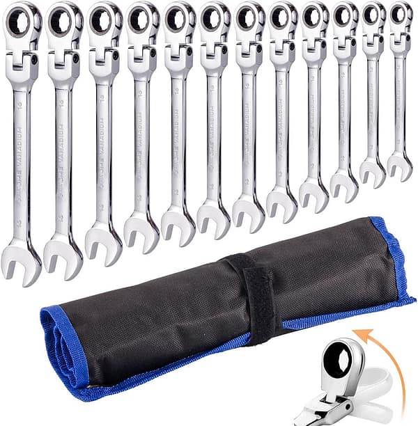 Qnkaa Ratchet Spanner Set 12pcs Metric Flexible Combination Wrench with Gear Ring Open-end Box-end Flex Flexi Head DIY Hand Tools Kit in Roll Bag 8-19mm