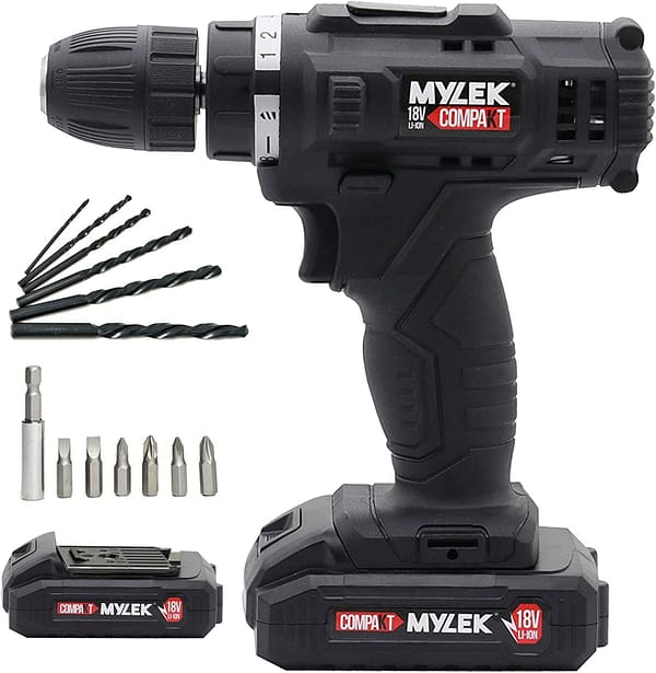 MYLEK 18V Cordless Drill with Two Batteries - Lithium Ion, UK Charger, 18 Volts Combi Drill Driver Electric Screwdriver, DIY Accessory Kit, (Black 18V Drill with Two Batteries)
