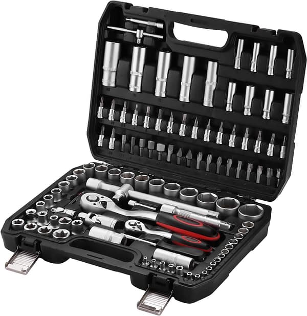 TEENO Socket Set and Bit Set Tool Case 108 pcs, 1/2 inch and 1/4 inch Ratchet Wrench Set (72 Teeth),Chrome Vanadium,Satin Matte, Socket Set for Car Bicycle Repair&DIY
