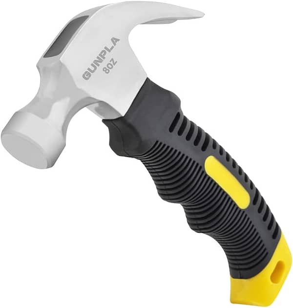Gunpla 8oz Stubby Claw Hammer and Nails Puller, Carbon Steel Curved Framing Hammer Light Weight Tool for Construction Demolition Prying Splitting Tearing Wood with Comfort Non Slip Rubber Handle