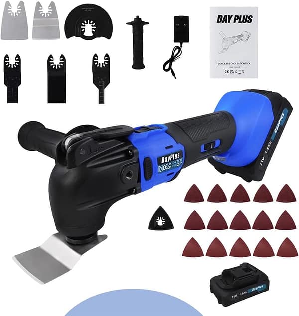 Cordless Oscillating Tool,2000 RPM Brushless Multifunction Tool with 4° Oscillating Angle Various,6 Speed,Saw Blades Sanding Papers,21V 1.5Ah Li-Ion Battery & Charger for Polishing Sanding Cutting
