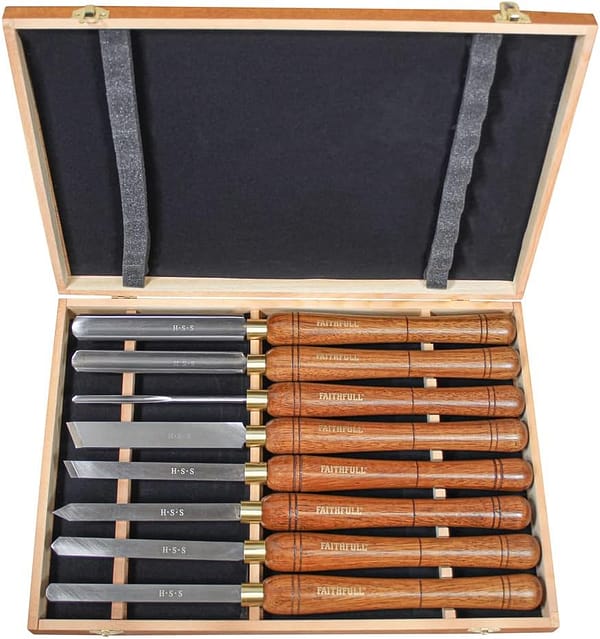 Faithfull HSS Turning Chisel Set of 8 in Wooden Presentation Box Suitable for Hard and Soft Woods, Walnut