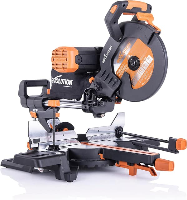 Evolution Power Tools R255SMS-DB+ Double Bevel Sliding Mitre Saw, Multi-Material Cuts Metal, Wood, Plastic & More - with Plus Pack includes Clamps, Dust Bag & Blades, 255mm (110V)