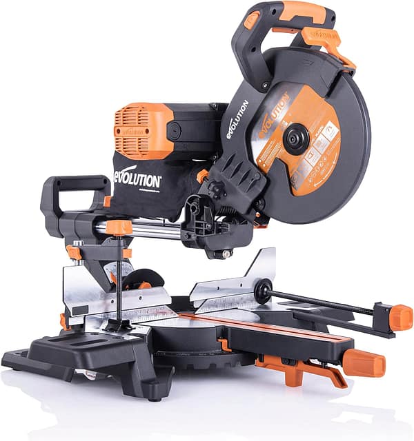 Evolution Power Tools R255SMS-DB+ Double Bevel Sliding Mitre Saw, Multi-Material Cuts Metal, Wood, Plastic & More - with Plus Pack includes Clamps, Dust Bag & Blades, 255mm (110V)