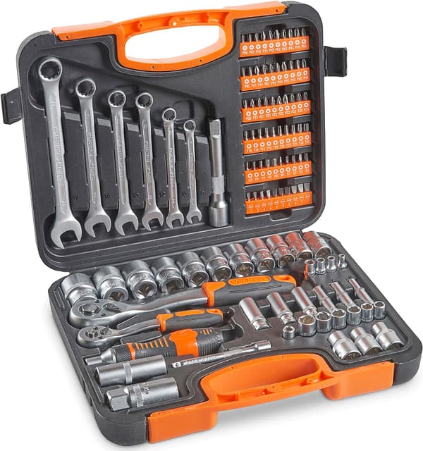 VonHaus 104-Piece Screwdriver Tool Socket Set ¼ Inch & ½” Inch Drive & 6pcs Combination Spanner with Carry Case