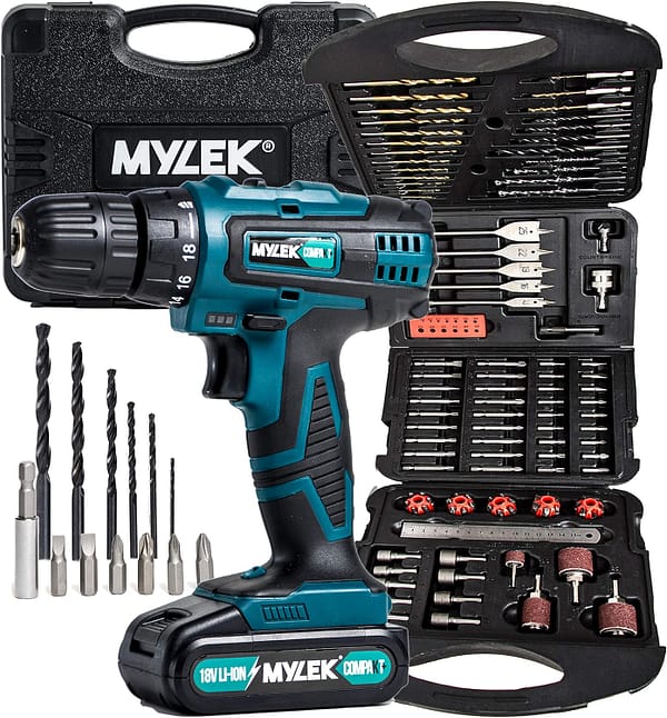 MYLEK 18V Cordless Drill Driver Electric (131 Piece Drill Set & 1 Battery, Blue)