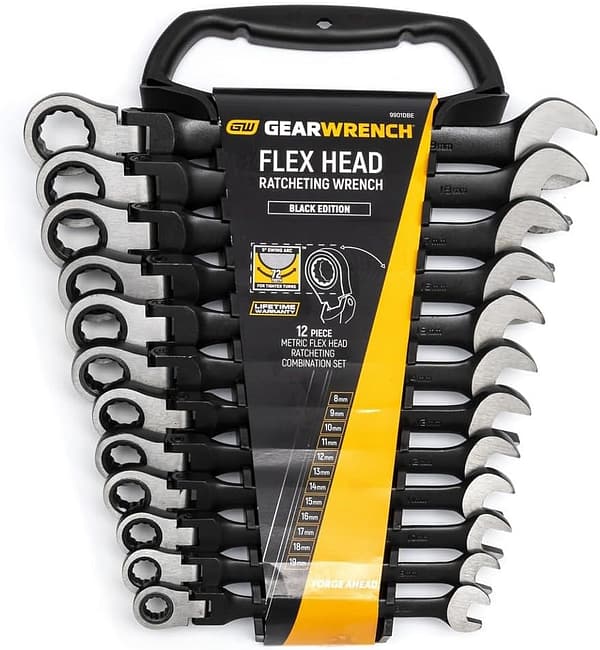 GearWrench 9901DBE 12 Point Flex Head Ratcheting Combination Metric Wrench/Spanner, Black, 8 - 19 mm, Set of 12 Piece