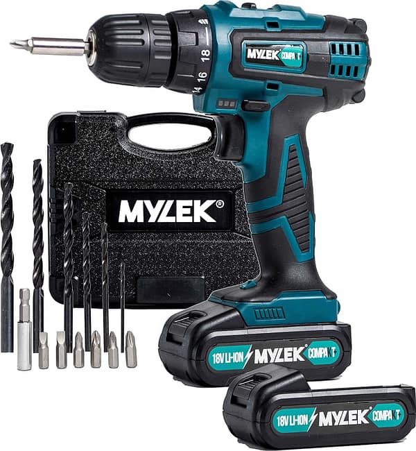 MYLEK® 18V Cordless Li-ion Drill Driver and Spare Battery (MYLEK 18v Drill c/w Spare Battery)