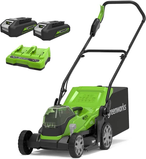 Greenworks G24X2LM36K2X Cordless Lawnmower for Lawns up to 210m², 36cm Cutting Width, 40L Bag PLUS Two of 2x24V(48V equivalent) 2Ah Batteries & Twin Charger, 3 Year Guarantee