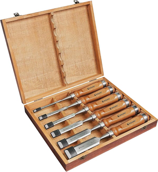 EZARC 6pc Wood Chisel Set for Woodworking - CRV Steel with Ash Wood Handle in Wooden Presentation Box