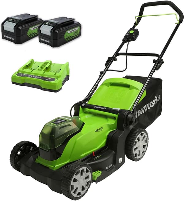 Greenworks G24X2LM41K4X Cordless Lawnmower for Lawns up to 440m², 41cm Cutting Width, 50L Bag PLUS Two of 2 x 24V (48V equivalent) 4Ah Batteries and Twin Charger