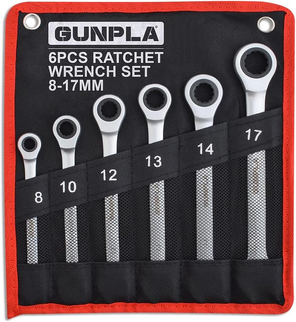 Gunpla 6pcs Ratchet Wrench Set 8-17mm Metric Ratcheting Combination Spanner Kit Durable Chrome Vanadium Steel with Storage Pouch