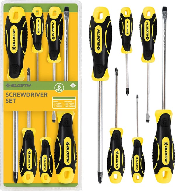 BLOSTM 6 Piece Magnetic Screwdriver Set - Assorted Screwdriver kit 3 x Crosshead Screwdriver & 3 x Flat Head Screwdrivers - Chrome Vanadium Steel Screwdrivers with Ergonomic Non-Slip Handles